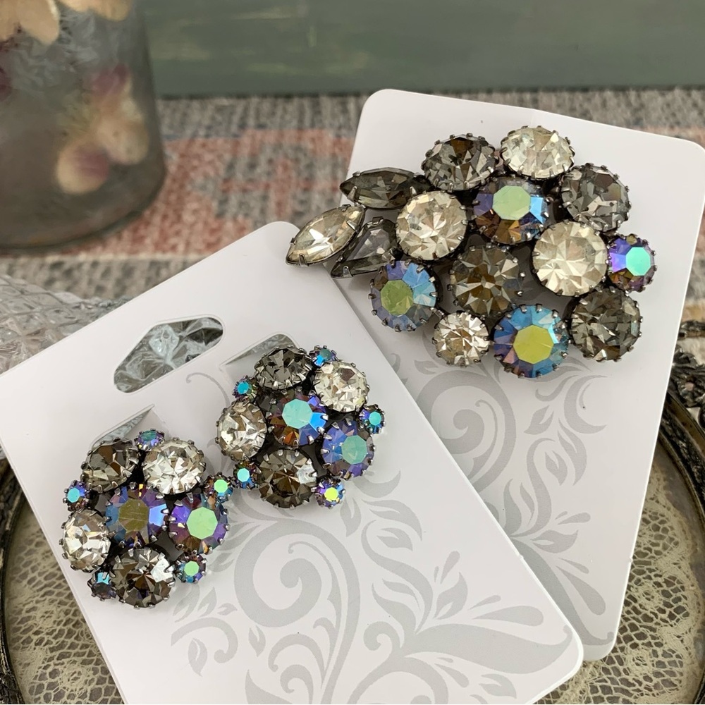 Vintage Karu Arke Art Glass Smokey Gray Aurora Borealis Brooch Pin Clip Earrings